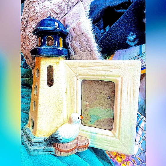 lighthouse candleholder picture frame w/seagull bird ceramic votive vtg 10" high - Picture 2 of 4